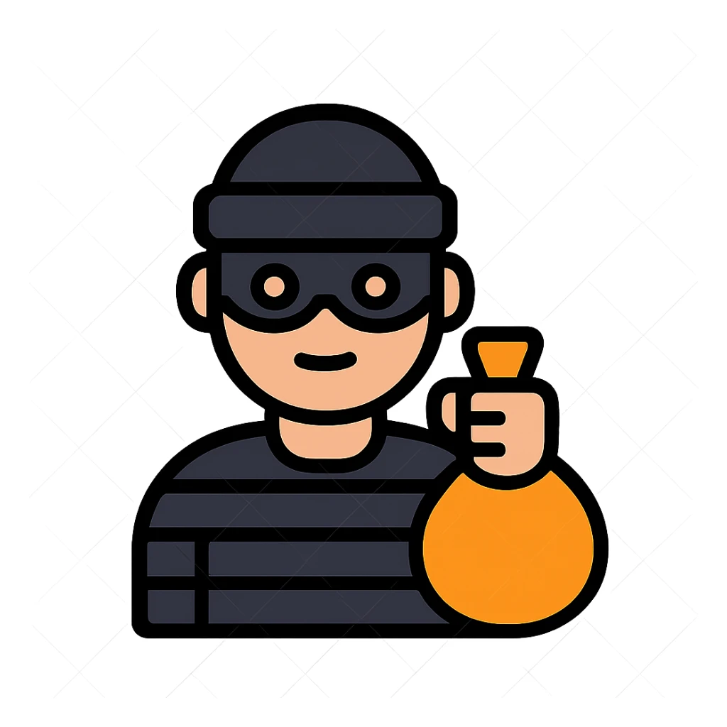 thief character emoji, clean modern icon style, simple and recognizable, wearing a mask and holding a sack sticker