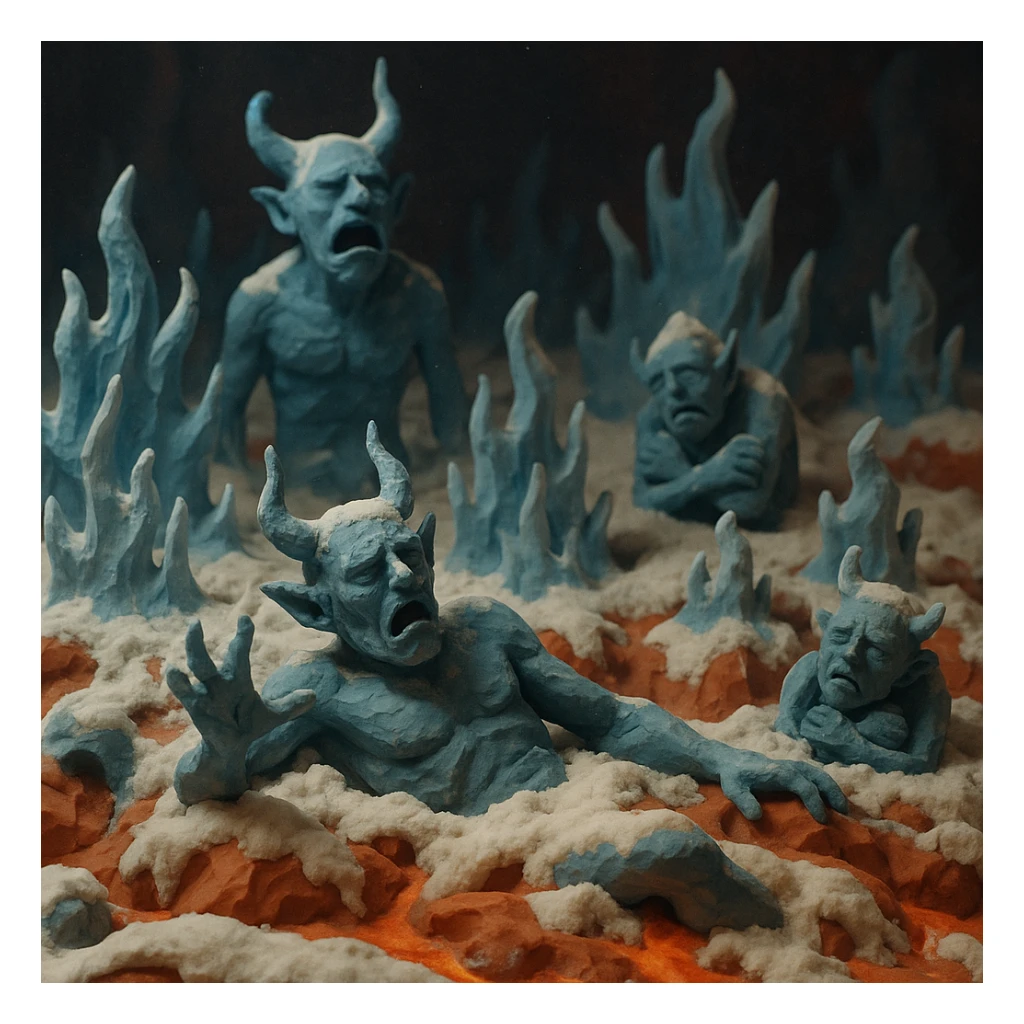 a dramatic scene of hell freezing over, with icy flames, frozen demons, and snow-covered lava, in claymation style, highly detailed, atmospheric sticker