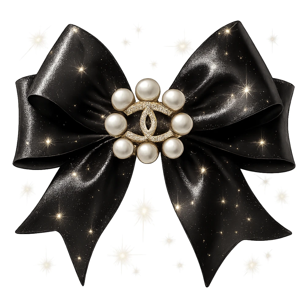 Add sparkling effects to the elegant bow with pearls and gold Chanel logo, glossy, black and white, realistic style, with a solid white background. The image should have a clean and solid white background to highlight the sparkling and glossy details in black and white. sticker