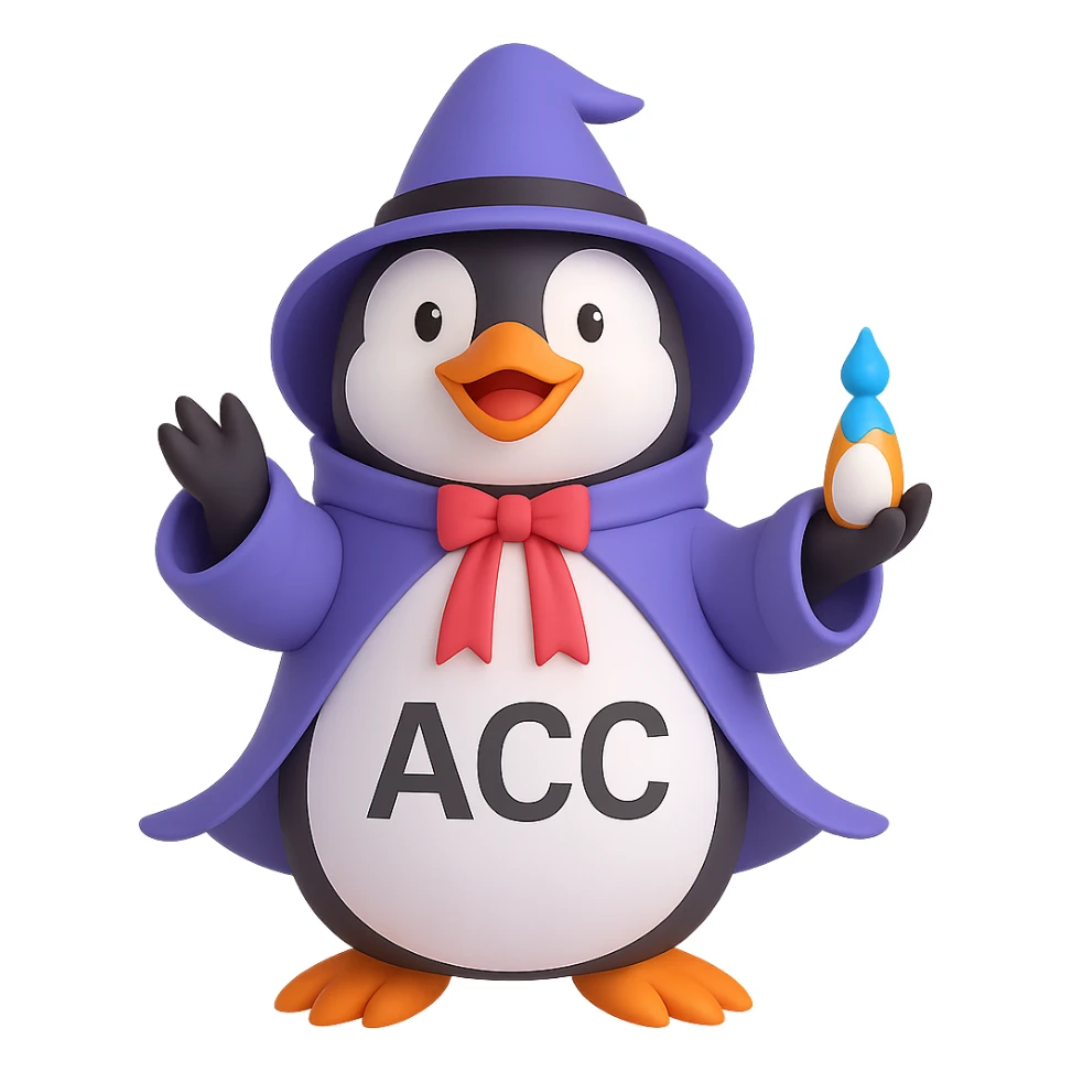 Add the text 'ACC' in a clear, bold font on the penguin's stomach. Keep the 3D emoji style with a focus on making the text easy to read and well integrated with the existing 3D emoji design. sticker