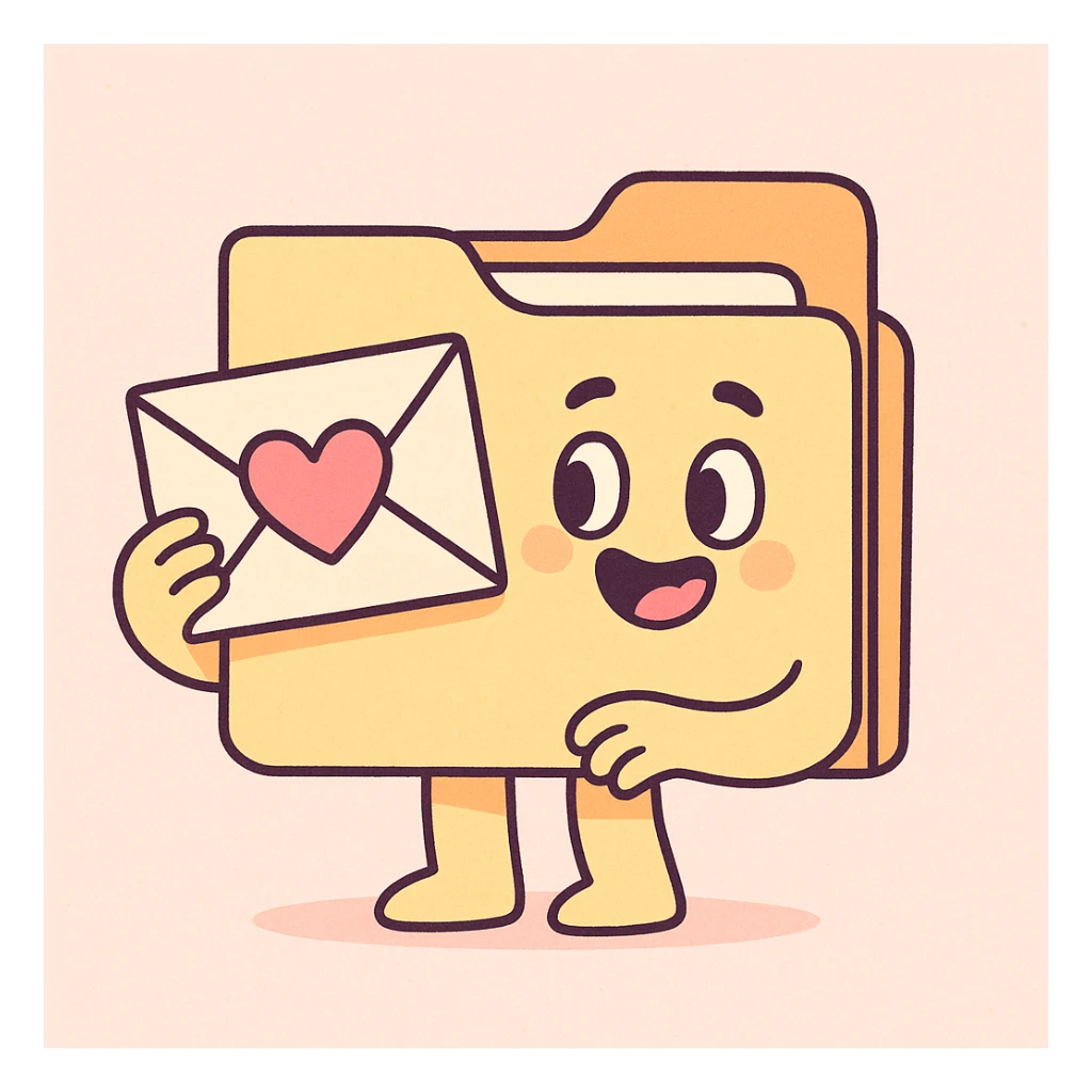 a soft pastel cartoon style illustration of a letter folder with a heart on it sticker