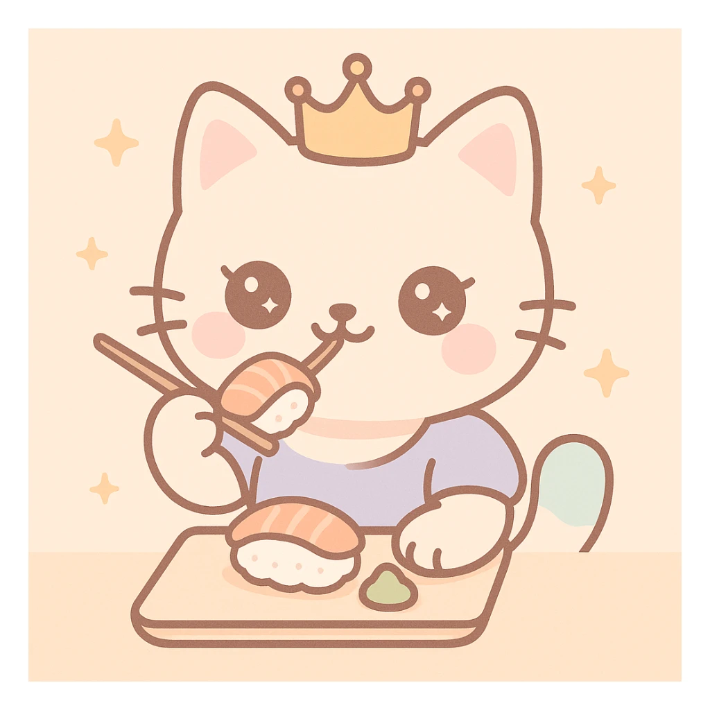 princess cat eating sushi, elegant crown, cute expression, detailed fur, vibrant colors sticker