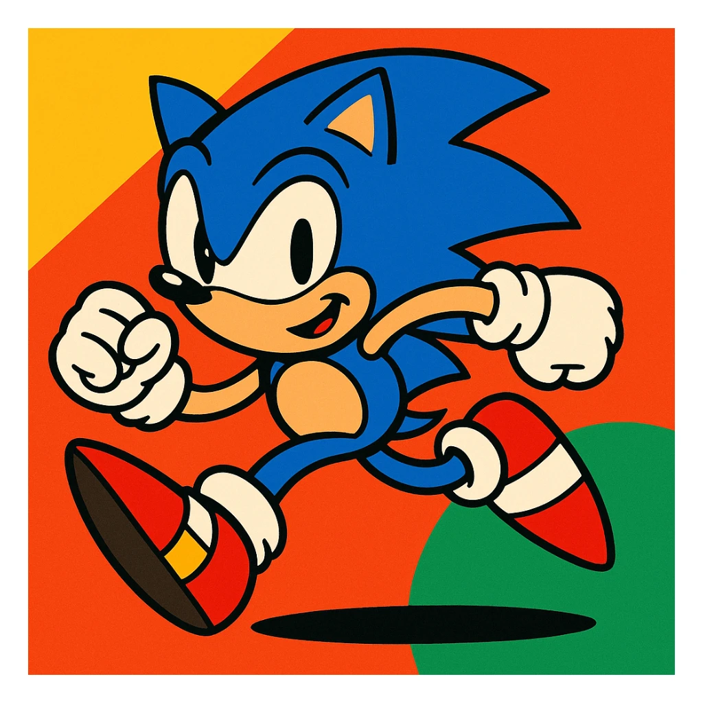 Sonic the Hedgehog, blue cartoon hedgehog with red shoes, energetic pose, vibrant toon style sticker