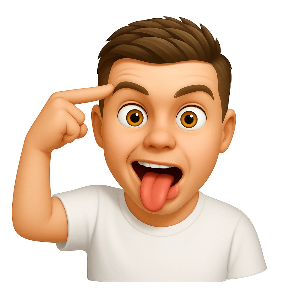 Based on these photos, make an emoji with facial features preserved, man in white t-shirt, crazy sticker