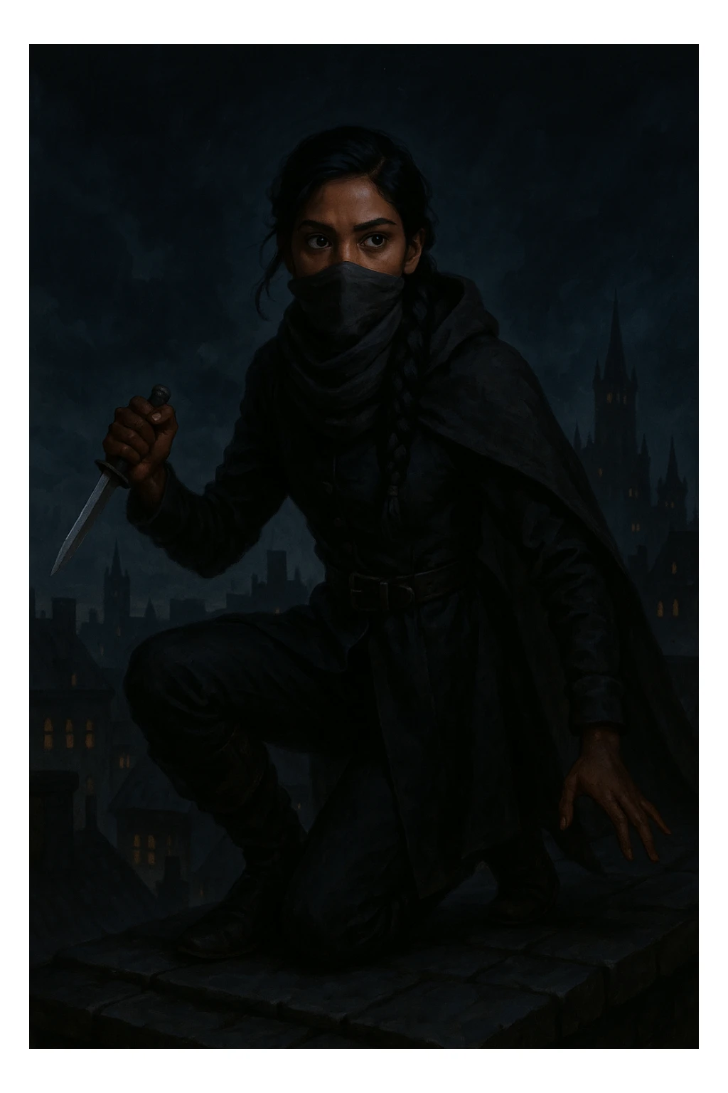 Inej Ghafa from Six of Crows, standing on a rooftop, holding a knife, dressed in dark, practical clothing, scarf covering part of her face, poised and ready sticker