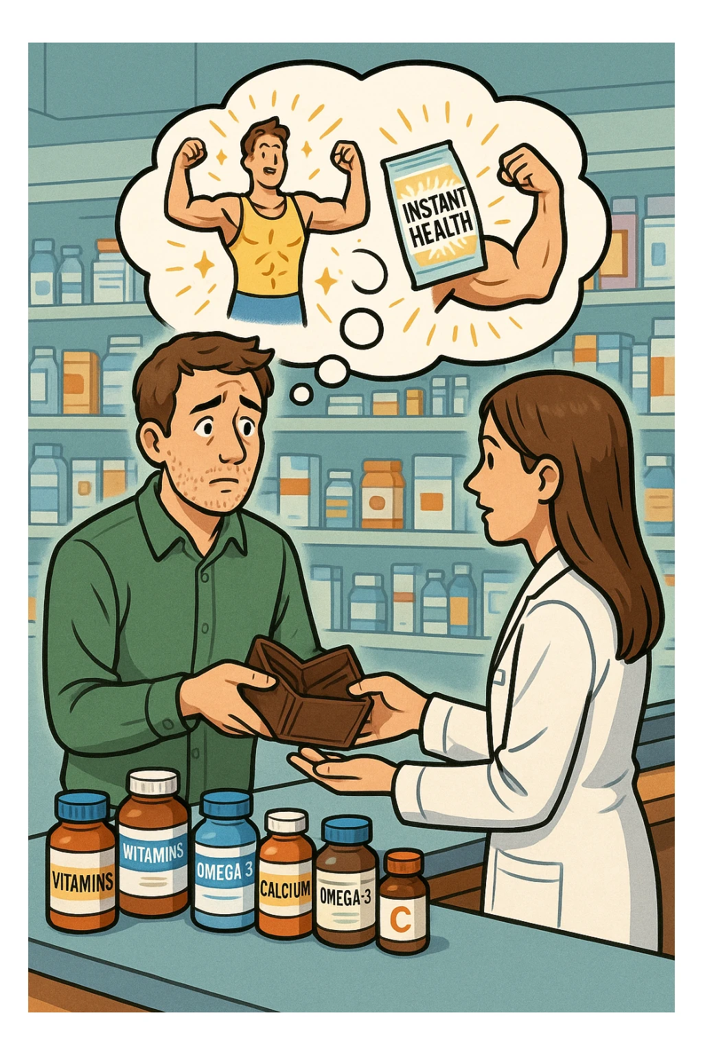 a man stands at a pharmacy counter, handing over a nearly empty wallet to the cashier while the counter is filled with bottles of supplements and vitamins. His expression is hopeful but slightly anxious. In the background, a thought bubble shows exaggerated images of instant health and fitness, symbolizing unrealistic expectations.  sticker