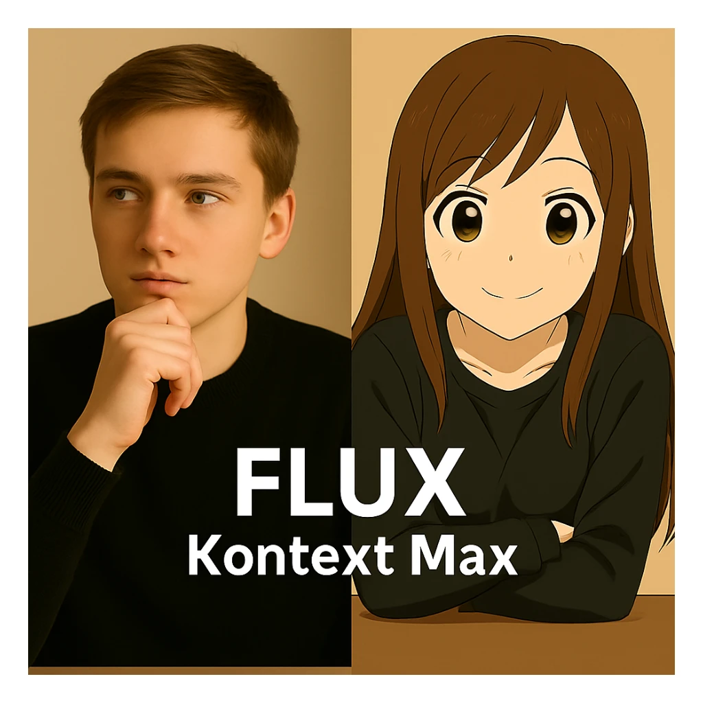 same similar image but chnage the text to "Flux Kontext Max", change people and pose too sticker