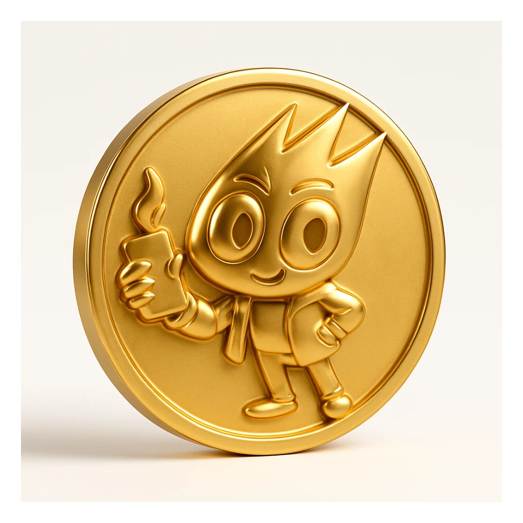 Replace the character on the flat gold token with the mascot's head from the provided image. The token remains flat, gold, and centered, with the mascot's head in a slightly embossed style, in gold, no text or extra elements. sticker