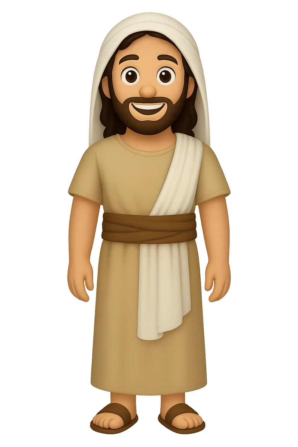 Create a centered full body image of Apostle Peter in classic emoji style. He is facing straight, smiling, wearing a robe with a brown sash and head covering as in the reference image, but with long sleeves. No background. sticker