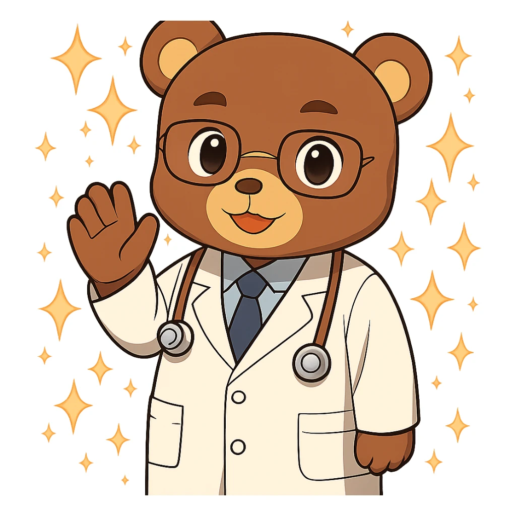 Add magical sparkles around the chibi bear as a doctor. Keep the image with no background. sticker