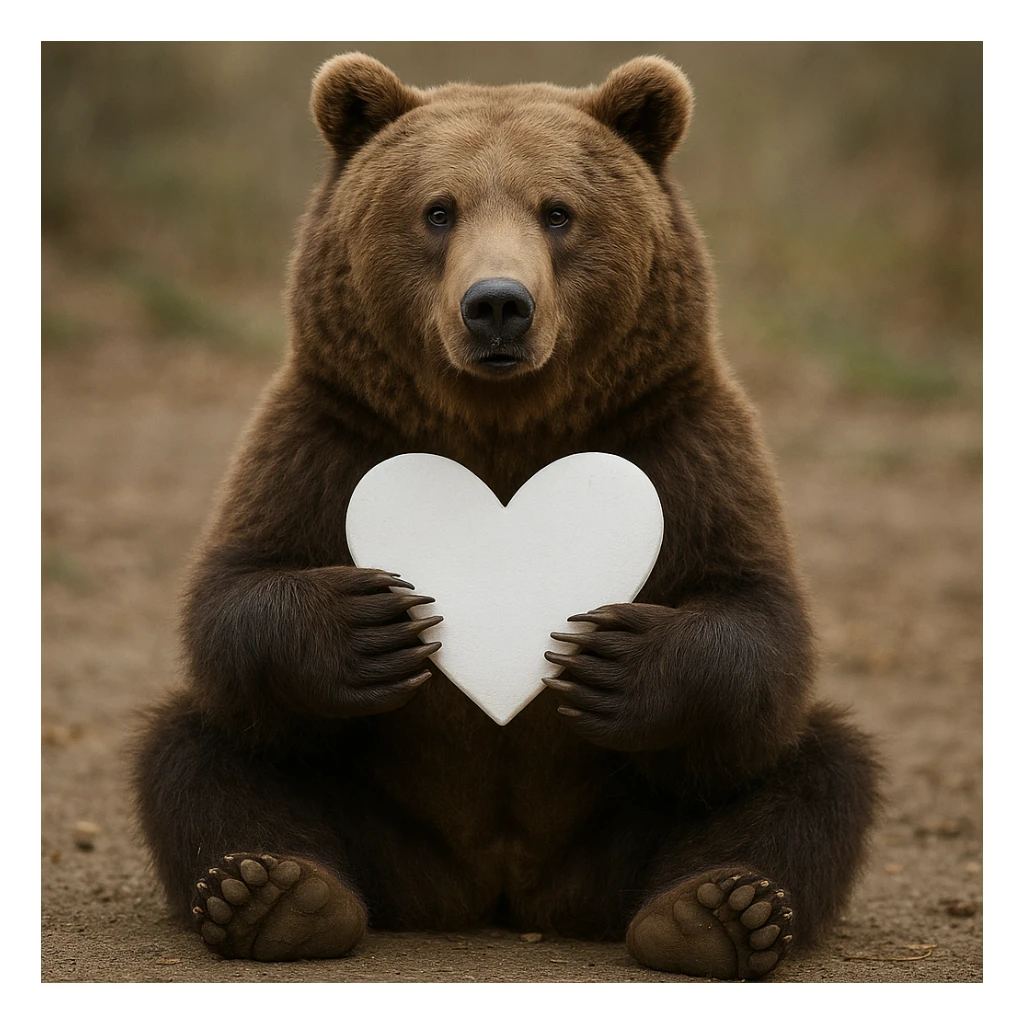 realistic sitting bear holding a white heart sticker