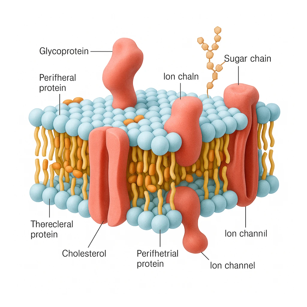 A highly detailed, scientifically accurate cross-section of a biological cell membrane (lipid bilayer) on a white background, ultra-realistic 3D illustration. Show the phospholipid bilayer with hydrophilic heads (round, polar) facing outward and hydrophobic tails (chains) inside. Include embedded proteins (integral and peripheral), cholesterol molecules (small, rigid), glycoproteins with sugar chains, and ion channels. The style should be clean, lab-textbook style, with subtle shadows and depth. Use a color scheme: light blue for hydrophilic heads, yellow for hydrophobic tails, red/pink for proteins, and orange for cholesterol. Microscope-like precision, no artistic stylization. sticker
