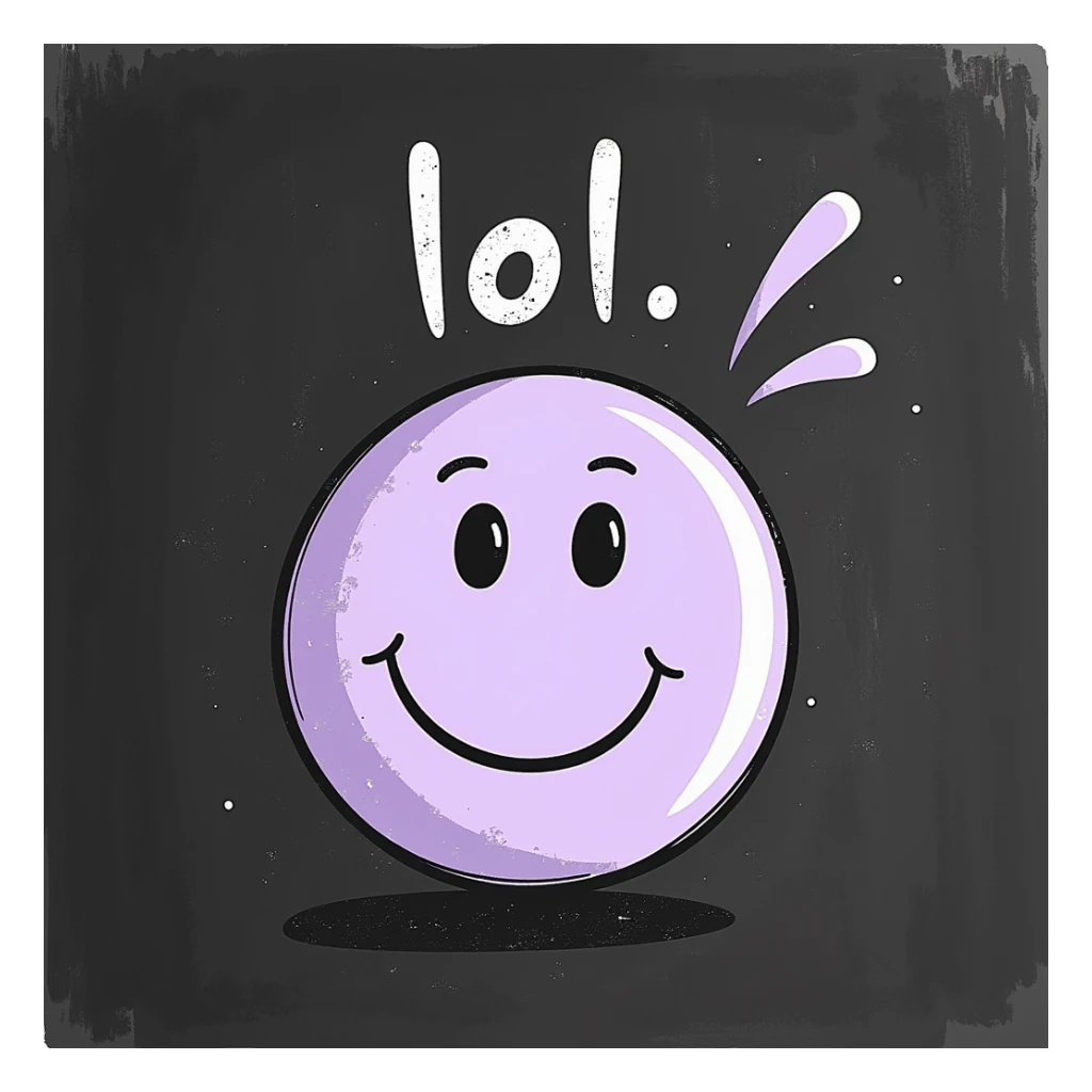 soft lilac smiley face with 'lol' above its head, hand-drawn in chalk style, rough doodle-like texture, pastel chalk on a dark surface, aesthetic and emotional, suitable for a Telegram channel sticker