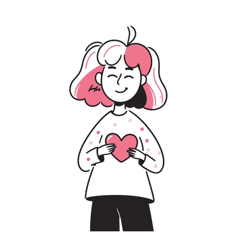 girl with pink and white hair, smiling, holding a heart, doodle style sticker