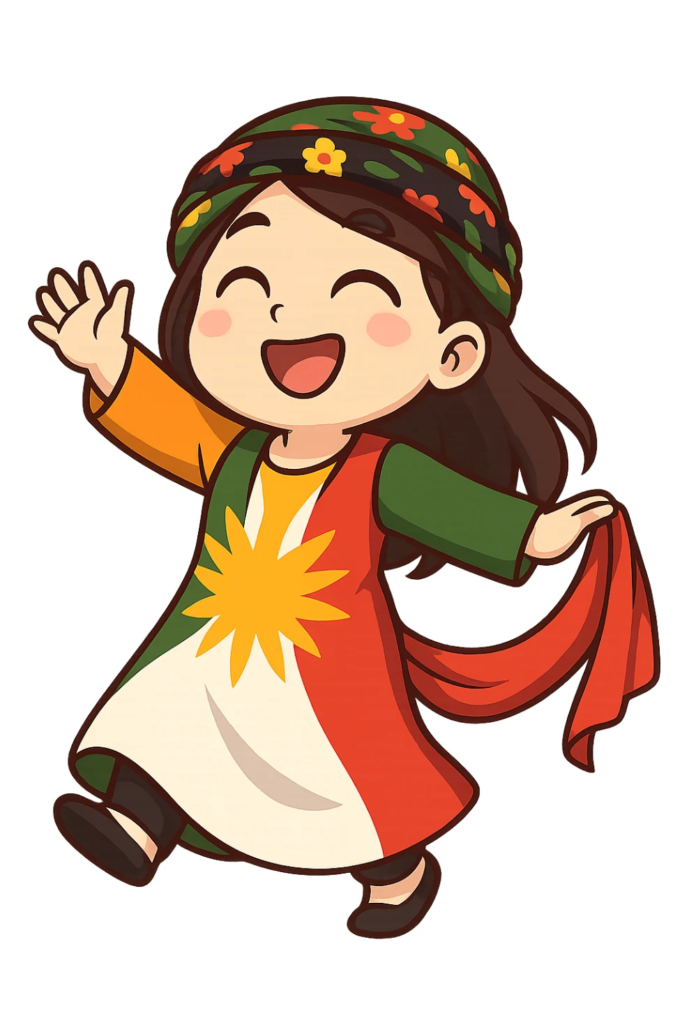 Create a colorful and cheerful Kurdish cartoon sticker in chibi style. Show the traditional Kurdish clothing and a dancing pose. The background should be transparent. Suitable for WhatsApp and Instagram. sticker