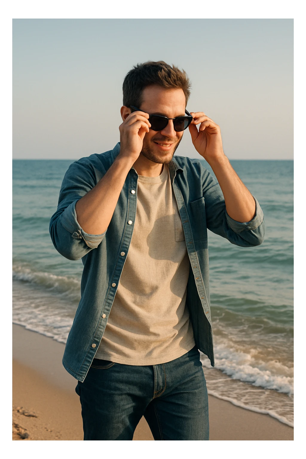 uomo passeggia a mare e si mette gli occhiali da sole sticker