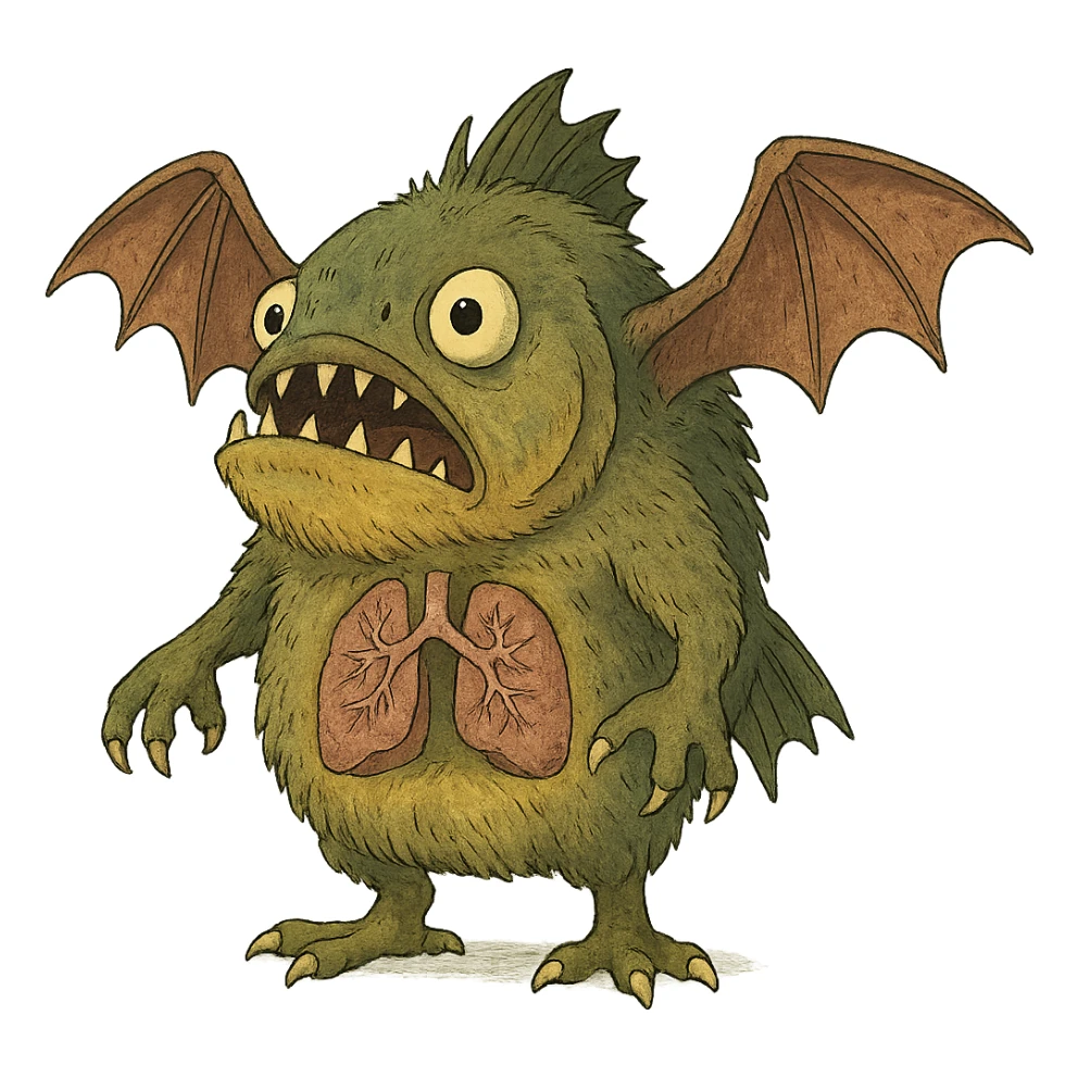 piranha with bat wings, clawed feet, furry texture, arms, chest showing lungs, ghibli style sticker