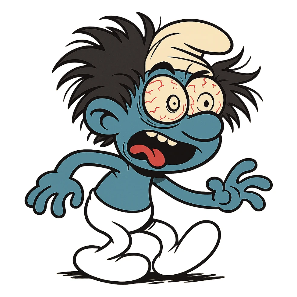 a smurf character with exaggerated, wild eyes and messy hair, looking disheveled and hyperactive, cartoon style sticker