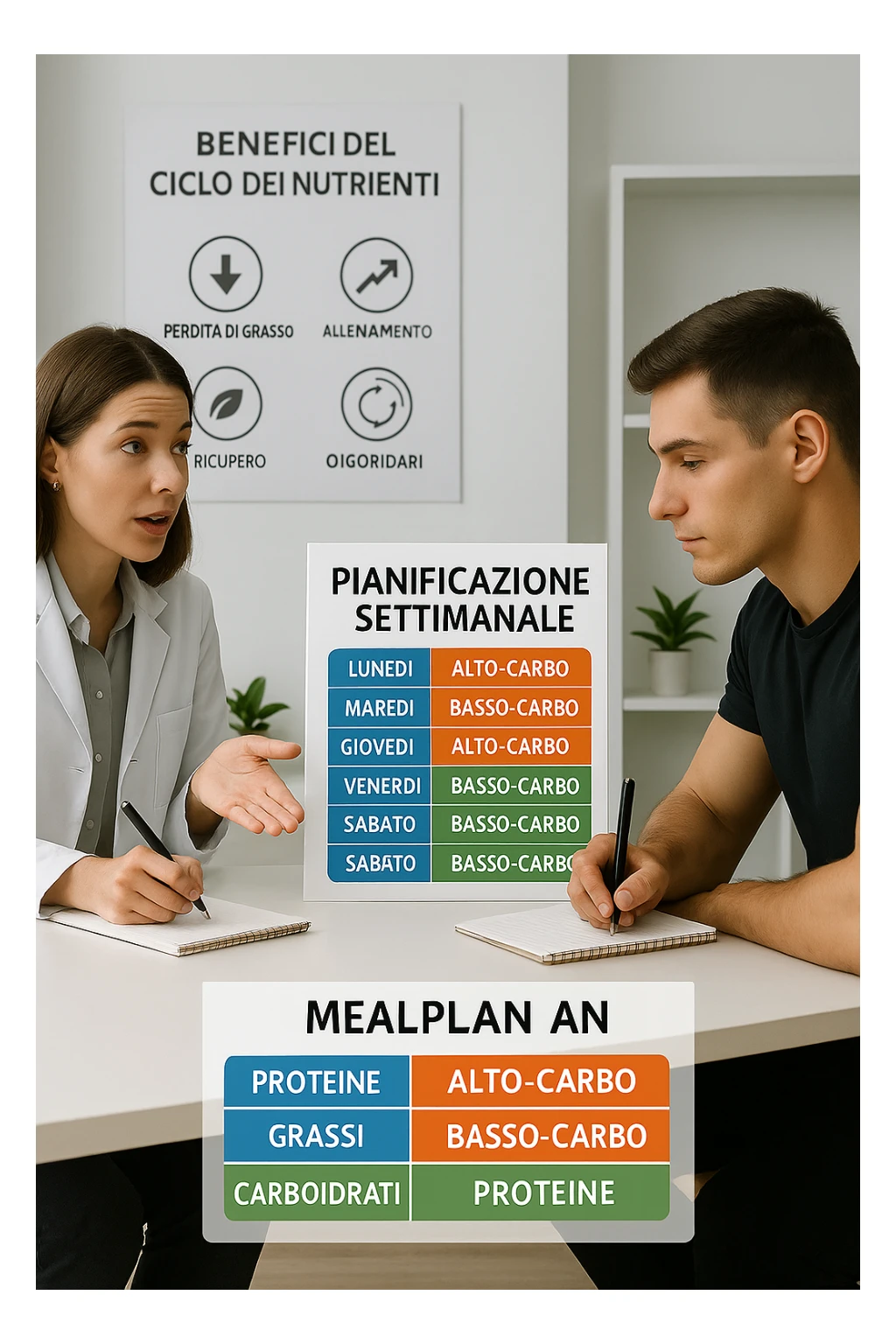 a nutritionist explains to an athlete how to cycle macronutrients for fat loss and training. On the desk, a weekly meal planner shows alternating high-carb and low-carb days, with color-coded sections for proteine, grassi, and carbo. The athlete takes notes, and a chart in the background illustrates the benefits of nutrient cycling. The mood is professional and educational. scritto in italiano sticker