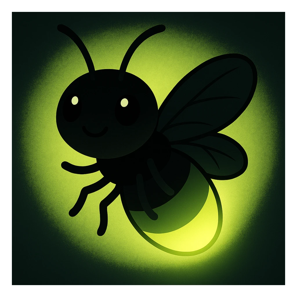 Edit the image to make the glowing light a bright light green and make the bug's body more black, while keeping the cute cartoon style intact. sticker
