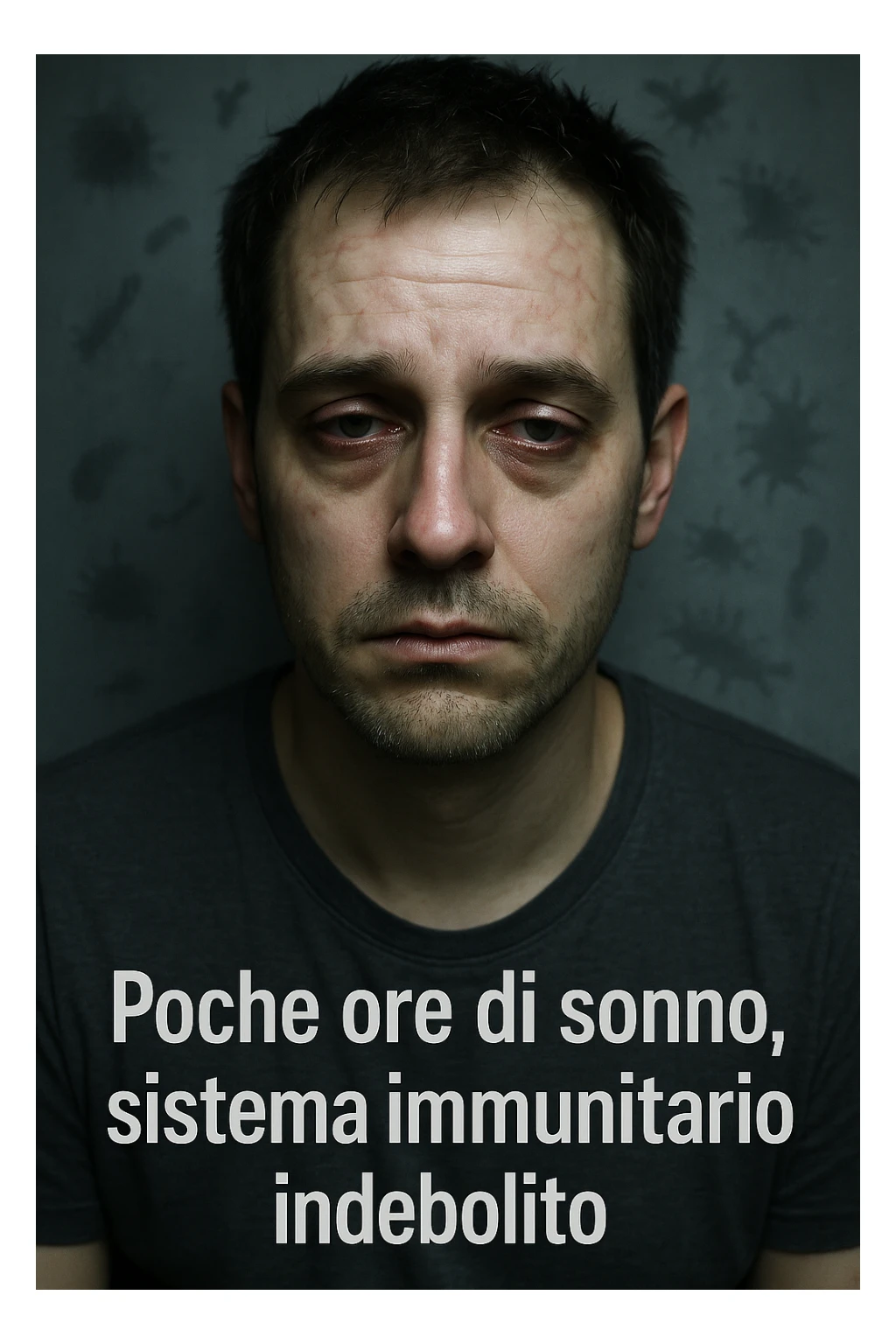vertical realistic cinematic image of a man who sleeps few hours, with an already weak immune system that weakens further, visual elements of low immune defenses, clinical dramatic lighting, Italian captions, aspect ratio 2:3 sticker