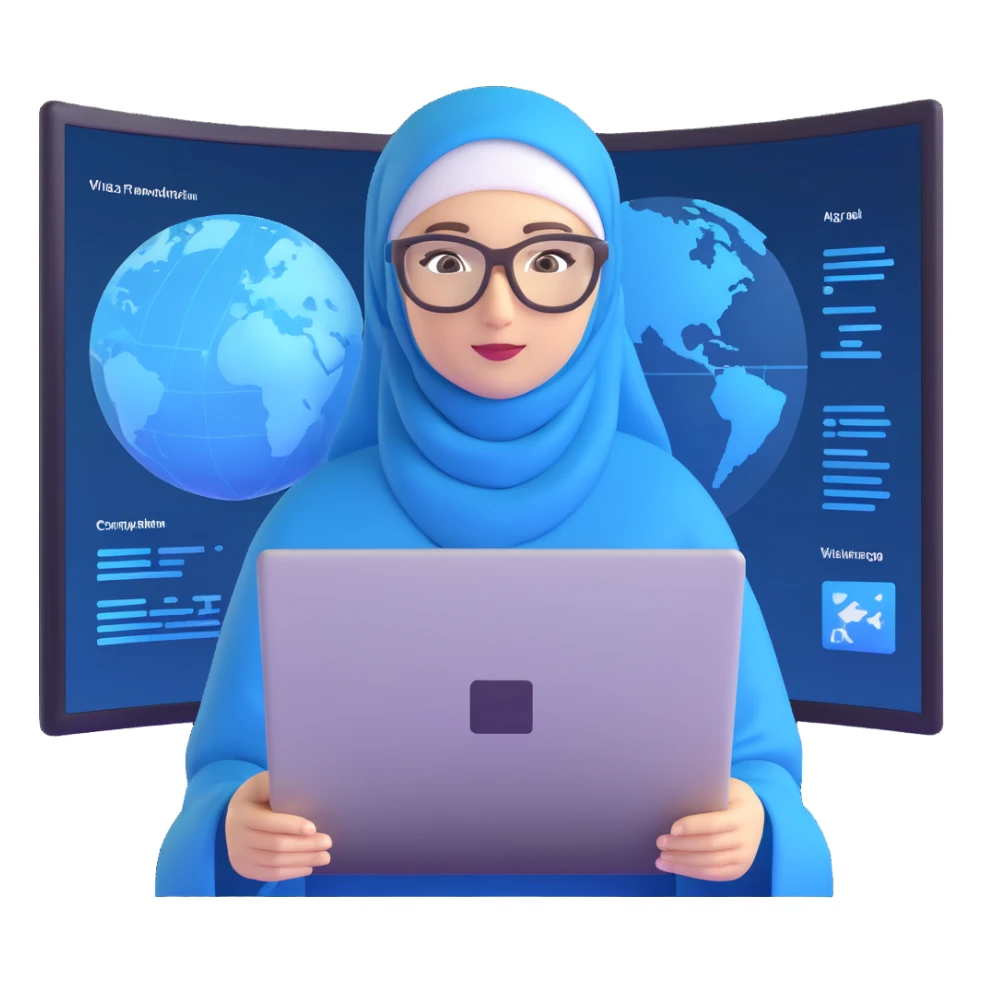 computer engineer with white hijab wearing blue outfit, presenting her metaverse creation with a large digital screen behind her displaying virtual worlds and code, laptop open in front of her showing programming interface, AR glasses, professional stance sticker