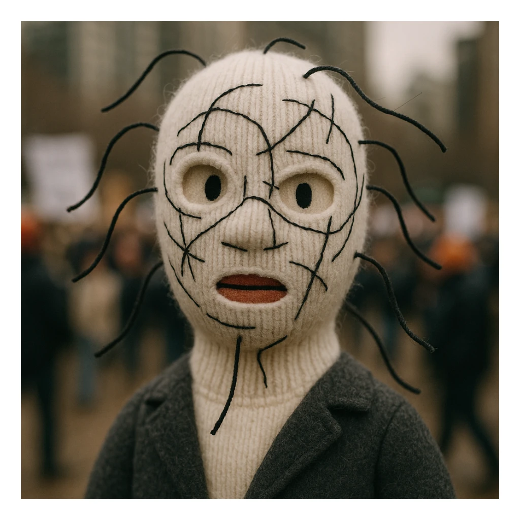 The mask is a full-head, white knitted balaclava with a tight ribbed texture. It features two asymmetrical eye openings and a partially exposed mouth area. Black thread is stitched across the surface in chaotic, abstract lines that trace facial features, giving a hand-drawn effect. Several black cords extend outward from the mask, varying in length and direction, adding a sculptural, almost organic appearance. The overall look is bold, handcrafted, and visually striking. sticker