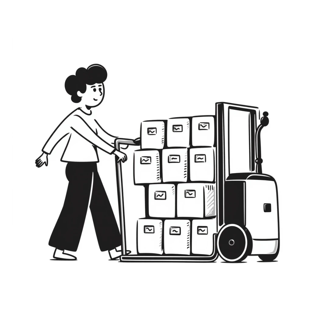 A hand-drawn warehouse worker with a forklift carrying inventory, representing a supplier sticker