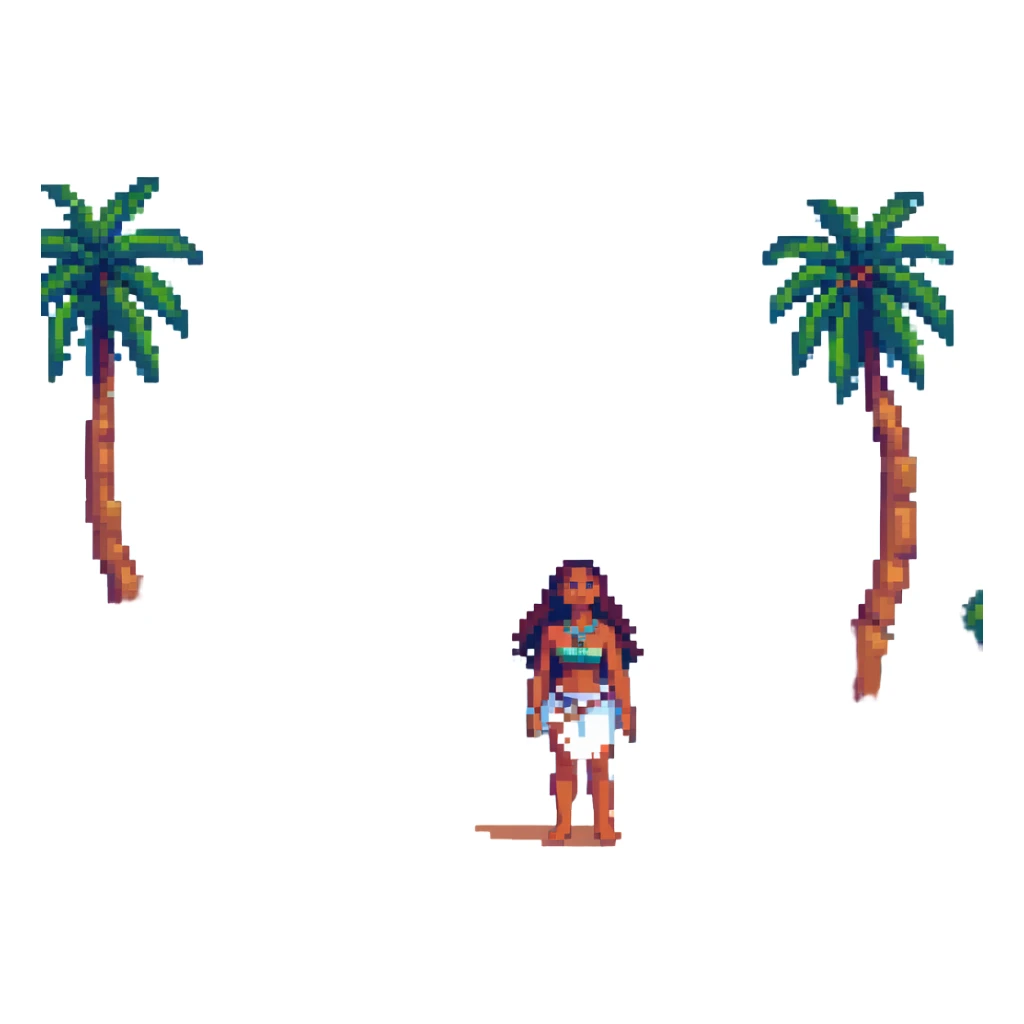 Moana standing on a beach in pixel art style, no background sticker