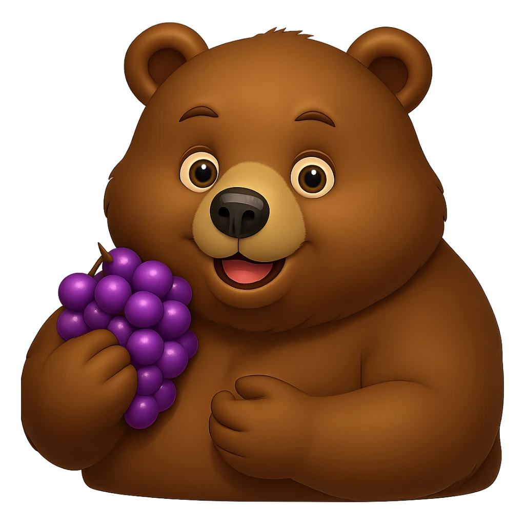 Make the grapes purple and the bear more chunky, keep no background. The style should be consistent with the original image's look. sticker