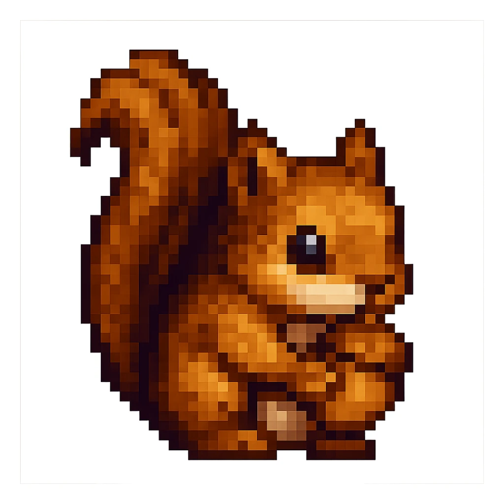A baby squirrel holding an acorn in pixel art style with transparent background. Please maintain the pixel art style look. sticker