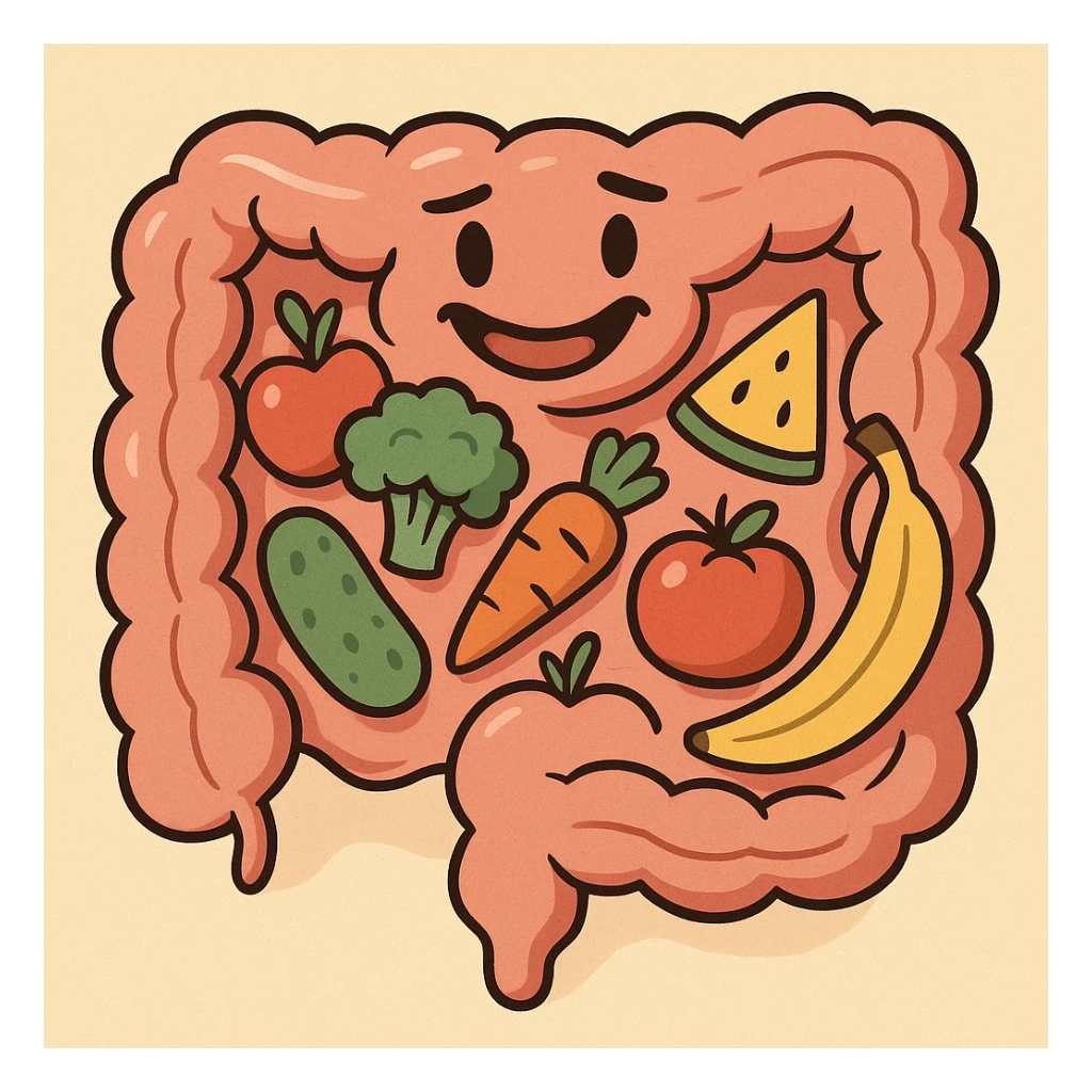 cartoon intestines with fruit and vegetables inside, playful and bright sticker