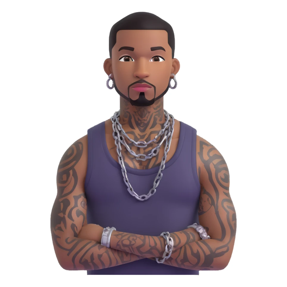 black man with tattoos, chain, grills, gang member style sticker