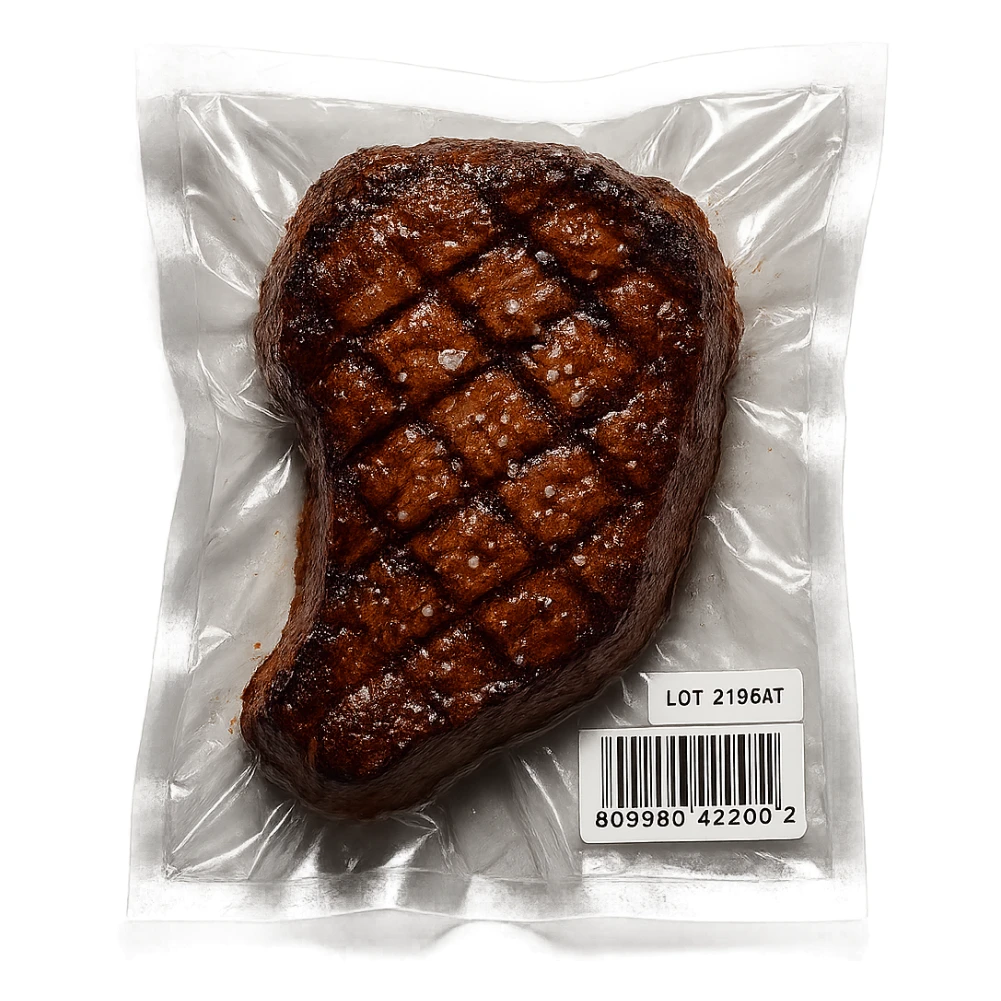 grilled steak with scattered small sparkling crystals, glossy, vacuum-sealed style sticker