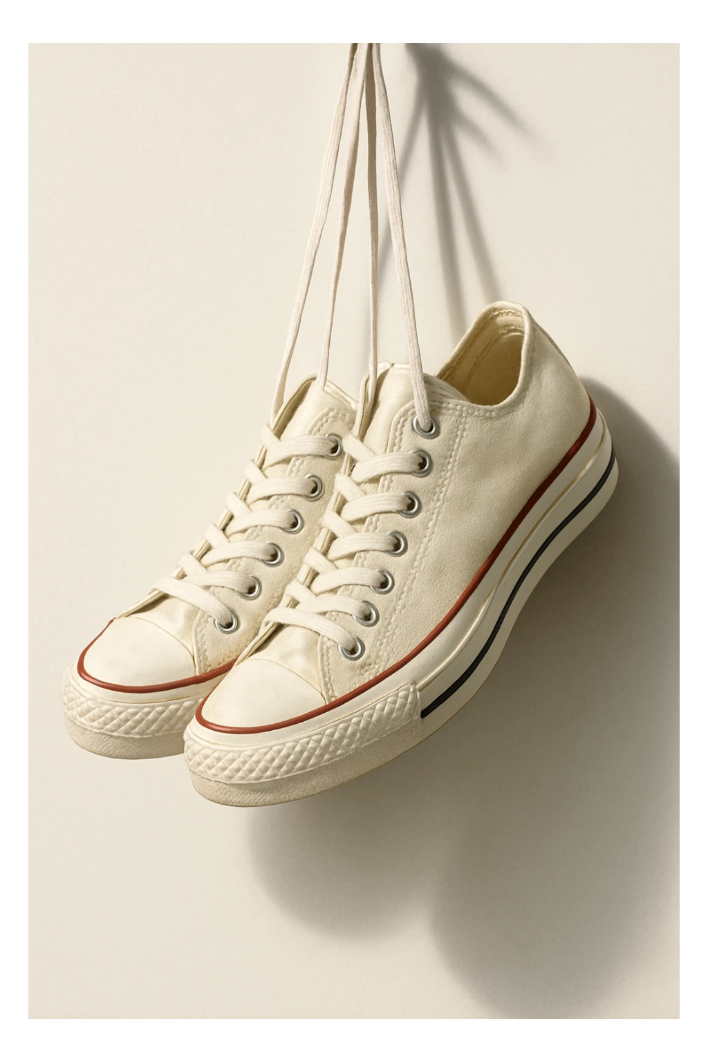 realistic detailed sneakers hanging on laces, soft shadows, white background sticker