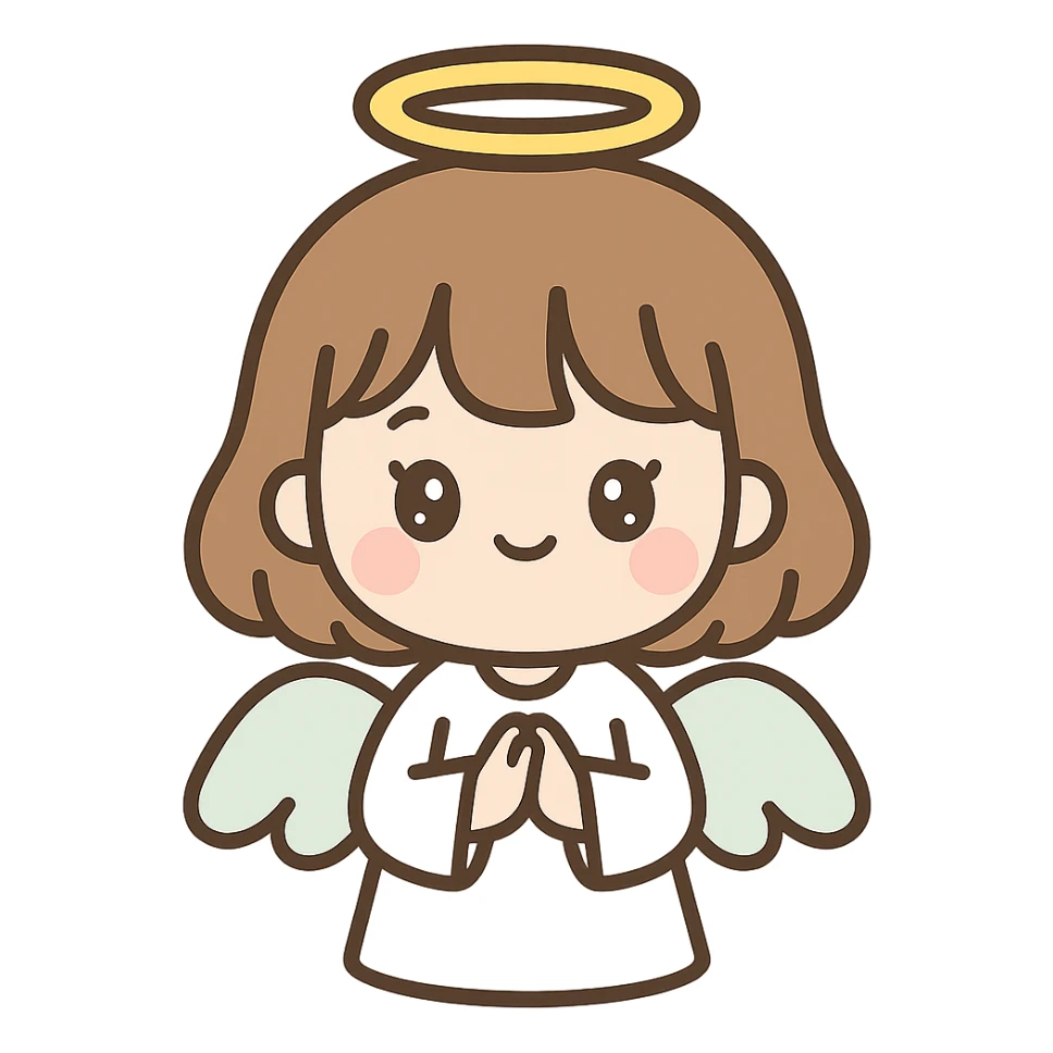 adorable brown haired girl with bangs and lashes, dressed as an angel, white robe, golden halo, sweet expression sticker