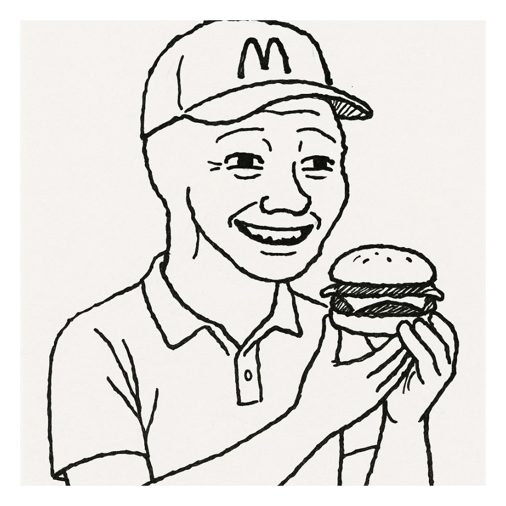 wojak meme style, McDonald's worker smiling, holding a burger, simple background sticker