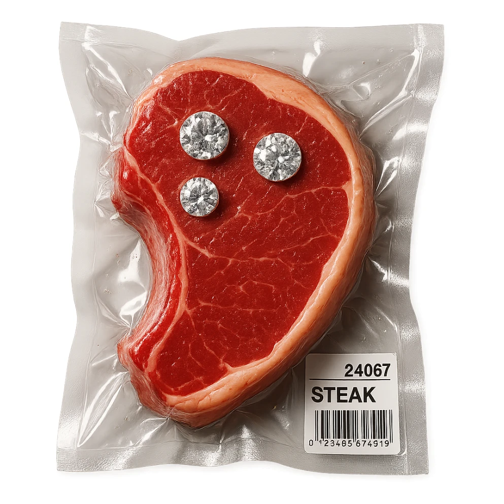 juicy steak with diamonds on top, shiny and inflated, vacuum-sealed style sticker