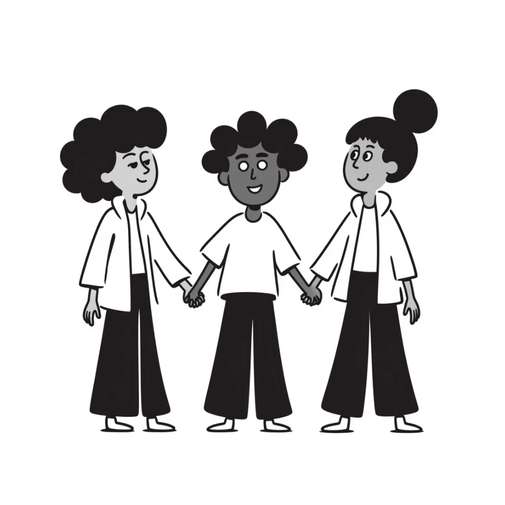 Three diverse people with different skin colors holding hands in solidarity, symbolizing racial integration and unity sticker