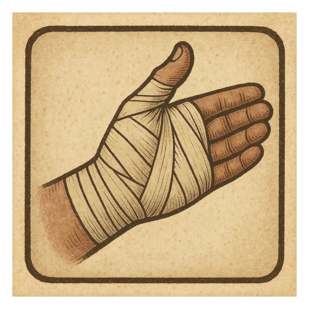 vintage style icon of a bandaged hand, muted colors, subtle texture, classic medical illustration feel sticker