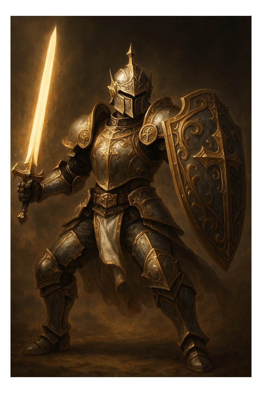 FFXI Paladin, ornate armor, holding shield, glowing sword, fantasy RPG style sticker