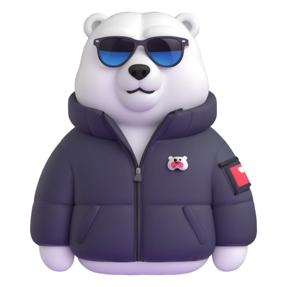 polar bear wearing a white puffer jacket and sunglasses  sticker