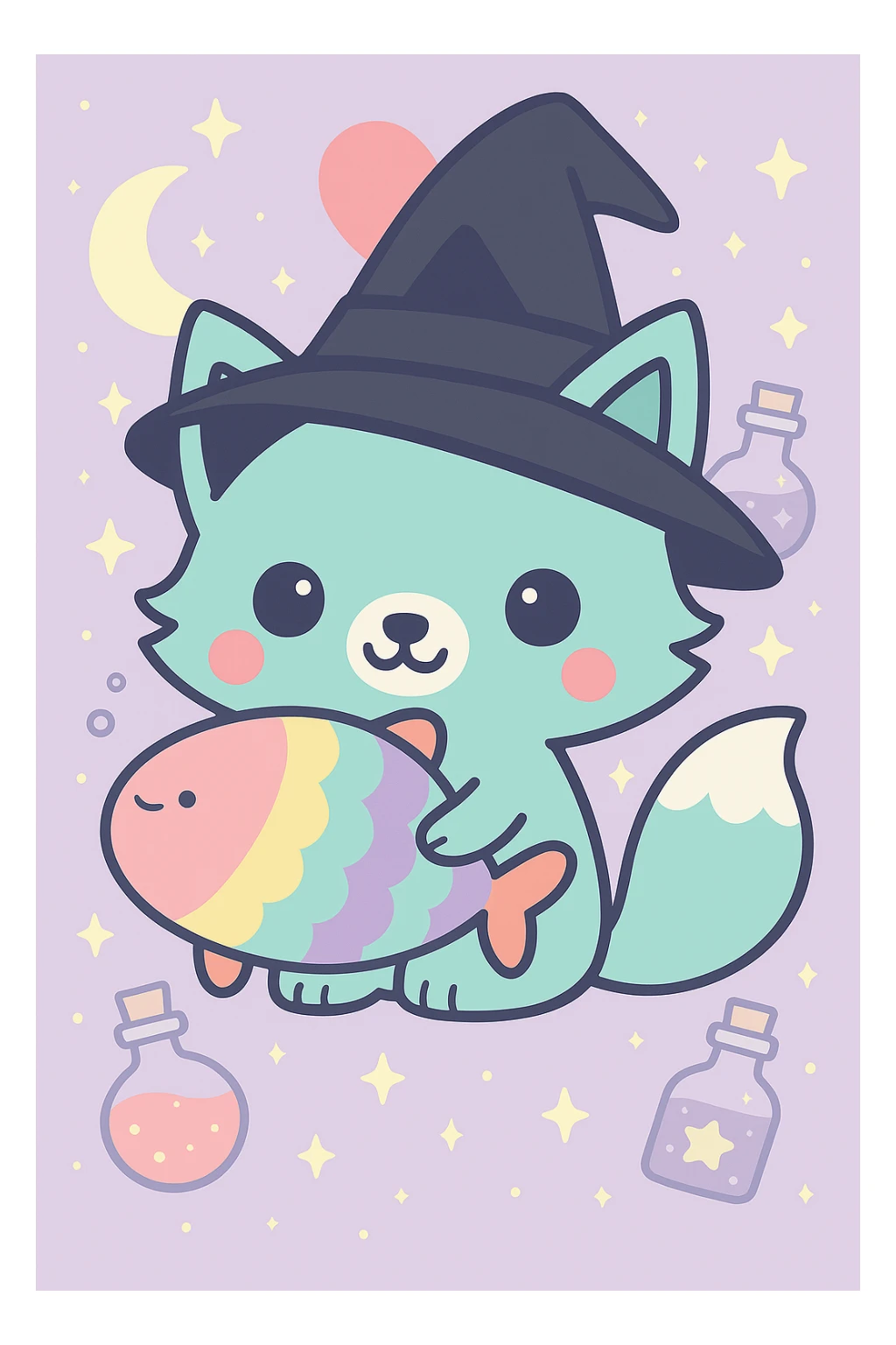 Add a classic black witch hat to the blue fox, keep the magical, witchy background and big pink heart, in kawaii cartoon style. sticker