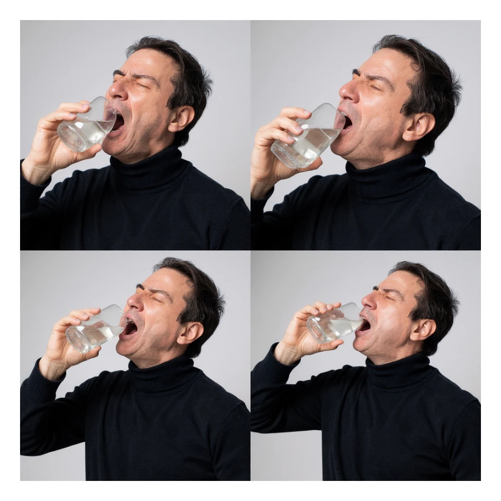 Create 2 vertical photos in 2:3 aspect ratio of a man quickly drinking a liter of water, inspired by the person in the reference image. Each photo should show a different phase of the action. Use a realistic style with a neutral background. sticker