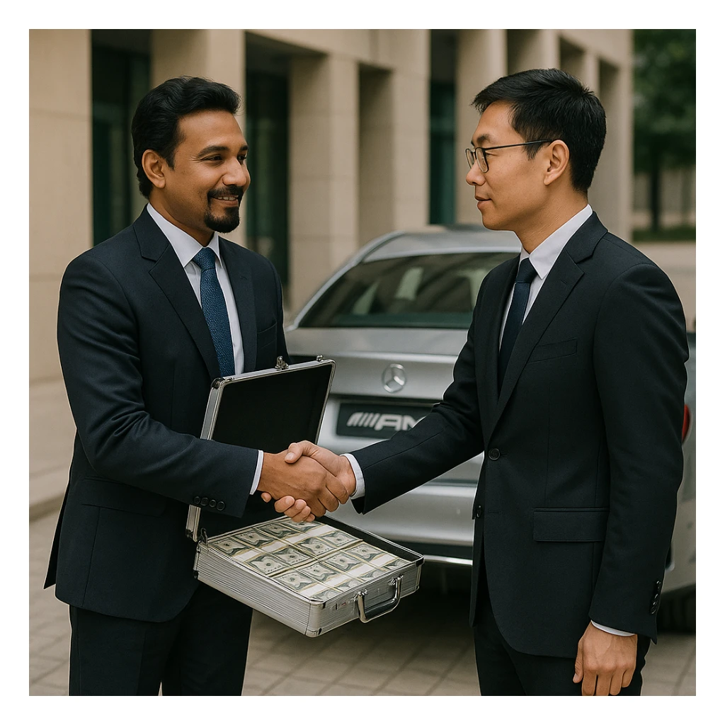 A light-skinned Indian man with a goatee shaking hands with a Chinese man, the Indian man is giving the Chinese man money in a briefcase, and there is an AMG car behind the Indian man. sticker