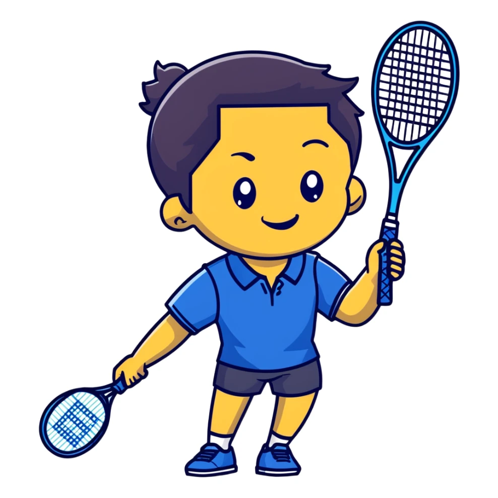 light brown skinned tennis coach, short straight black hair with widow's peak, oval face, small eyes, smiling, holding blue Yonex racket, wearing navy blue dry fit shirt sticker