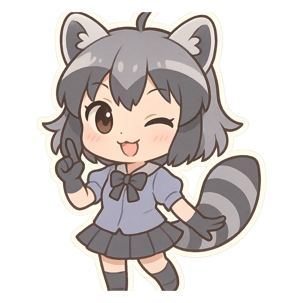 chibi stickers style raccoon girl with striped tail, playful and mischievous sticker