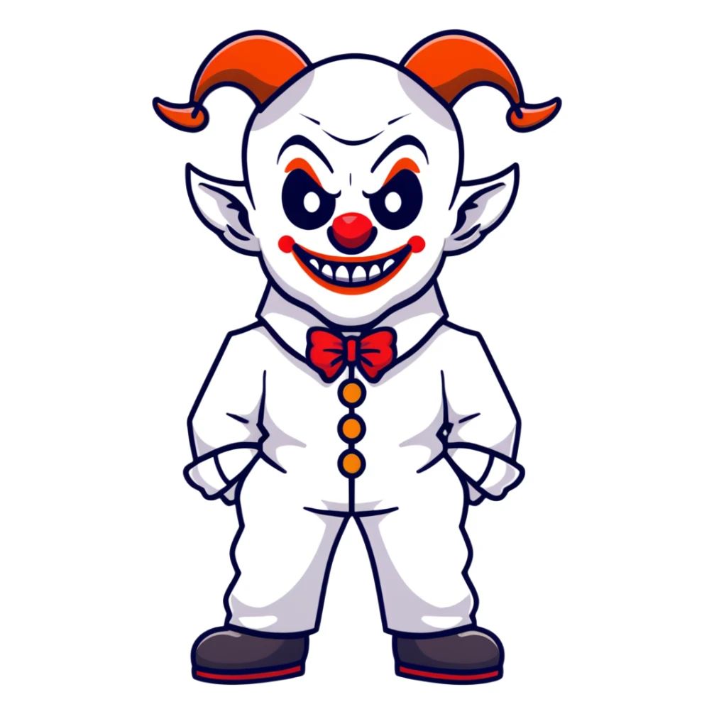 full-body demonic clown in a white leisure suit with bellbottom pants, bald, with black ram horns sticker