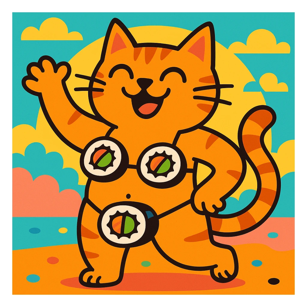 funny cat wearing a bikini made of sushi rolls, whimsical sticker