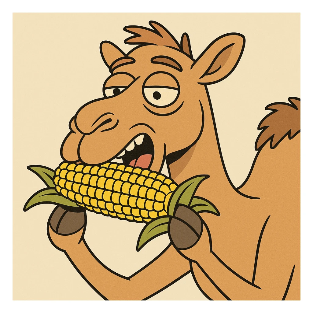 camel eating corn on the cob, flat toon cartoon style sticker